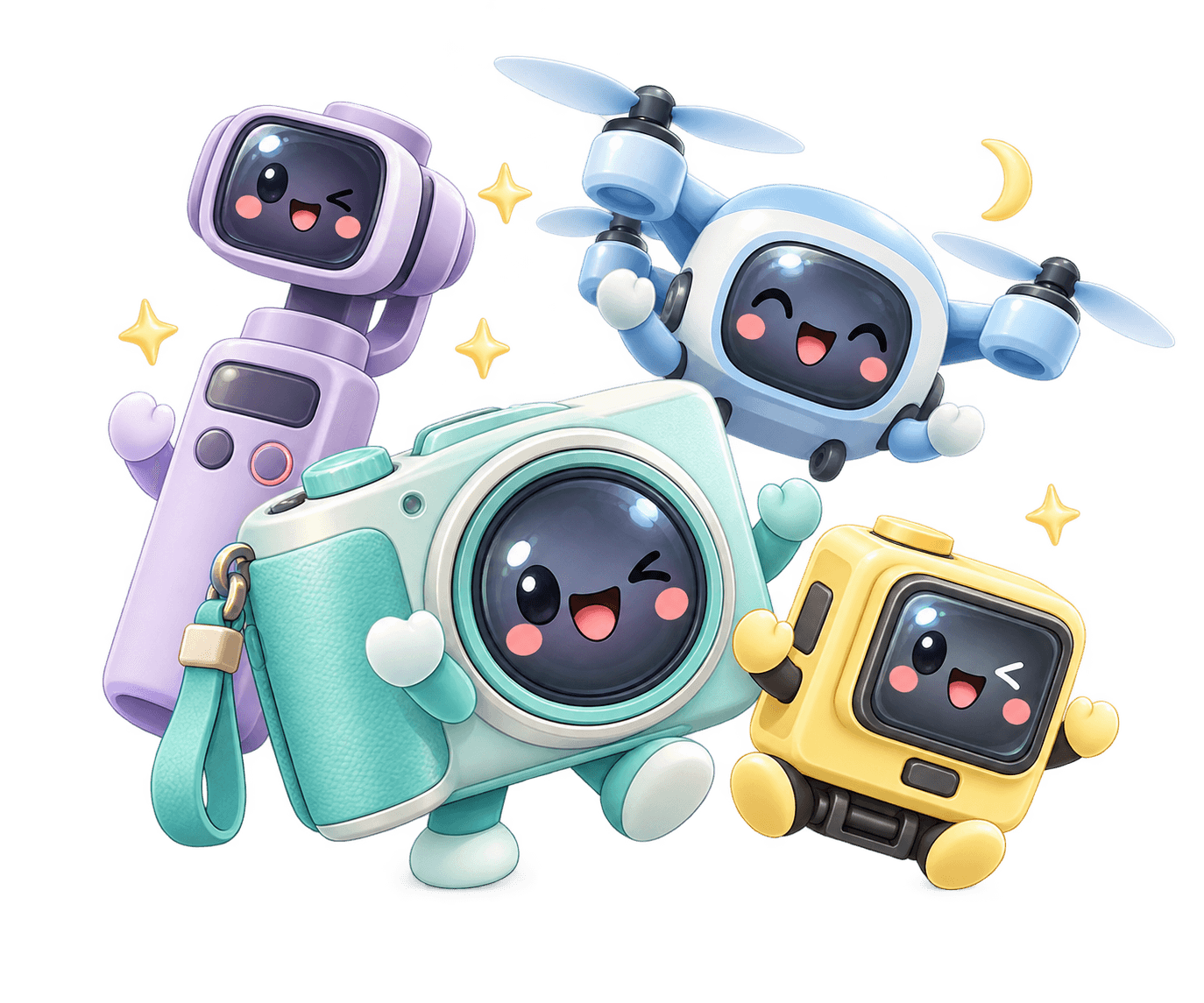 Bốn linh vật máy ảnh chibi nhiều màu sắc, vui nhộn
